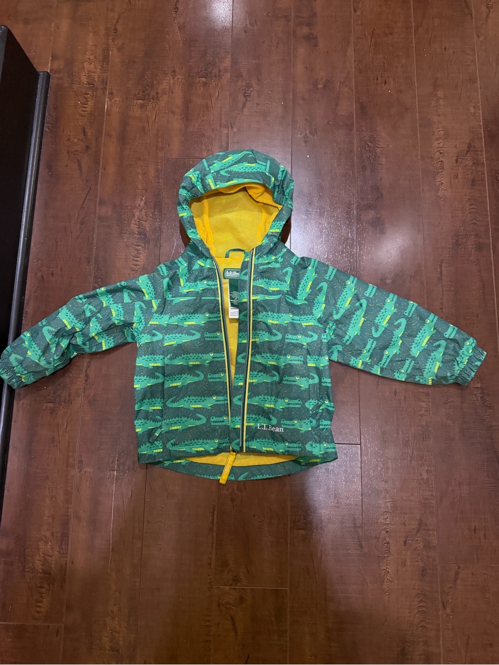 L.L. Bean Green Alligator-Print Hooded Kids Jacket with Yellow Lining